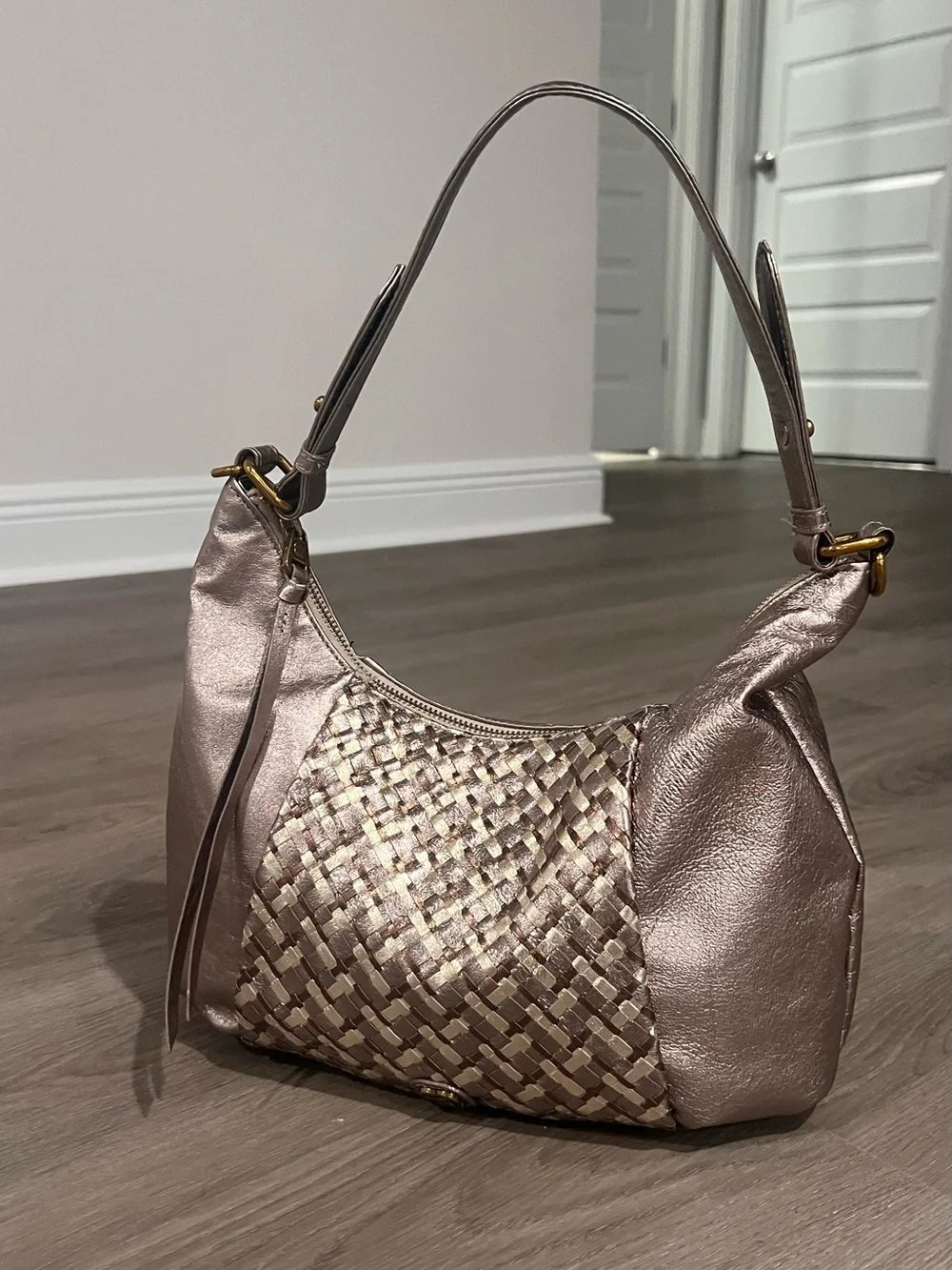 Elliott Lucca Metallic Taupe & Silver Woven Hobo